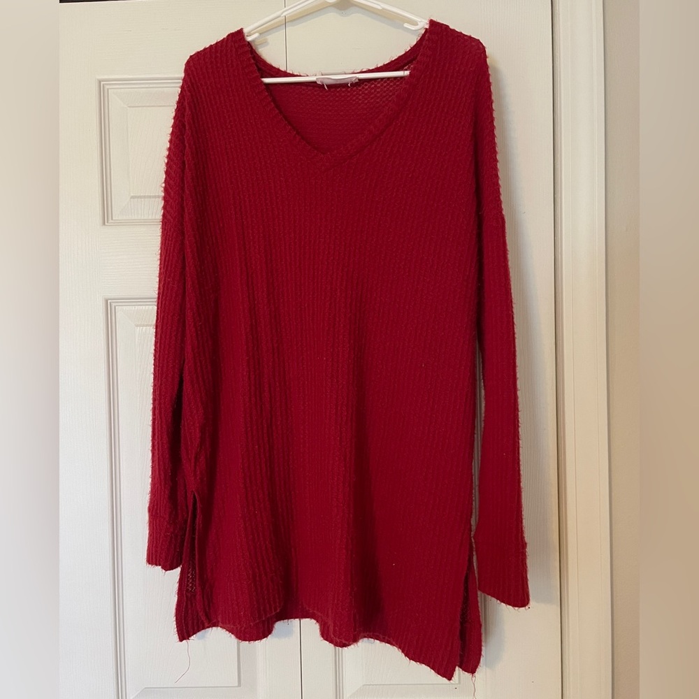 Waffle Knit V-Neck Red Long Sleeve Top